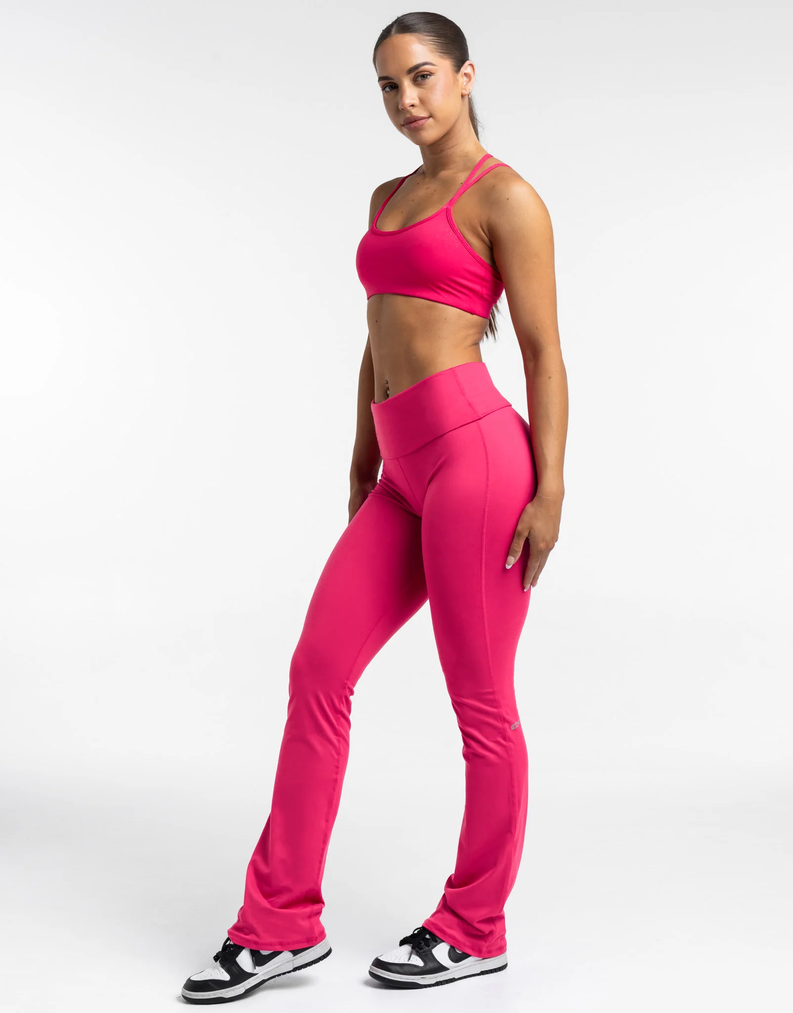 Fold Over Flare Leggings - Bright Pink - Image 2