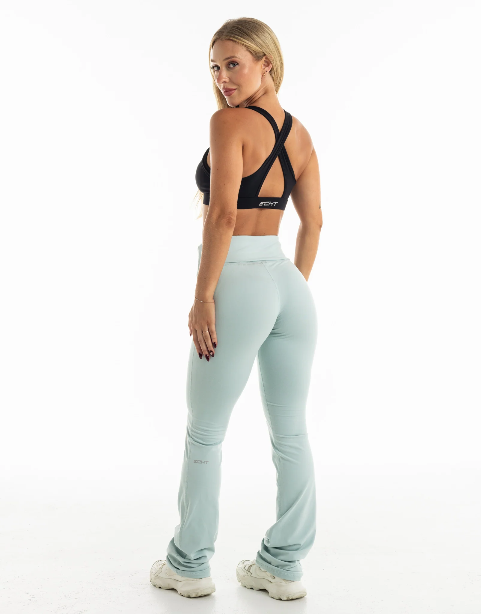 Fold Over Flare Leggings - Light Blue - Image 12